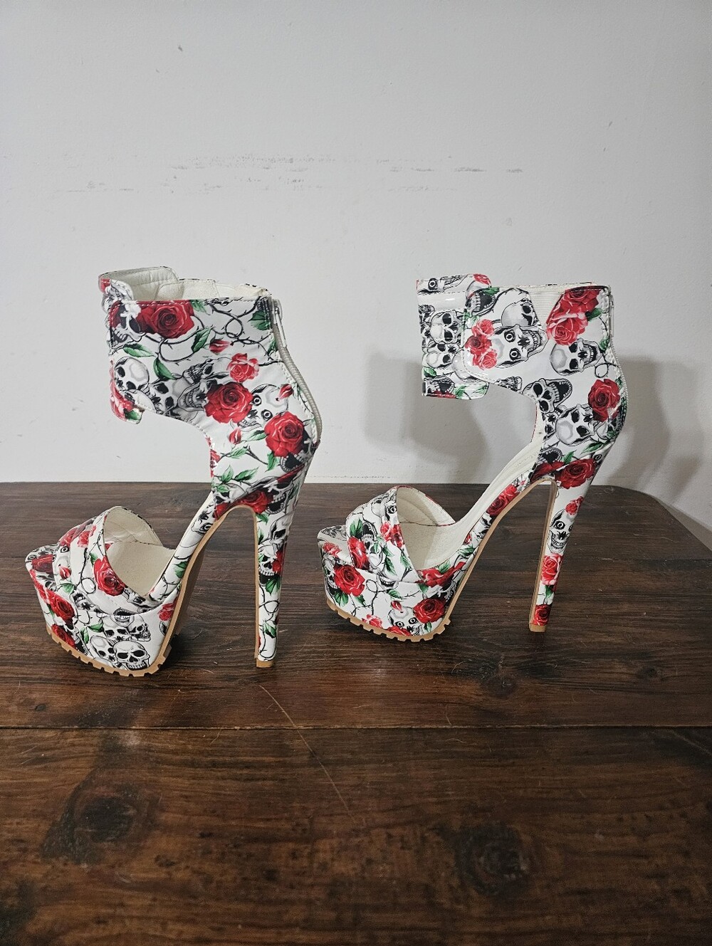 White Floral & Skull Platform Ankle-Strap Heels